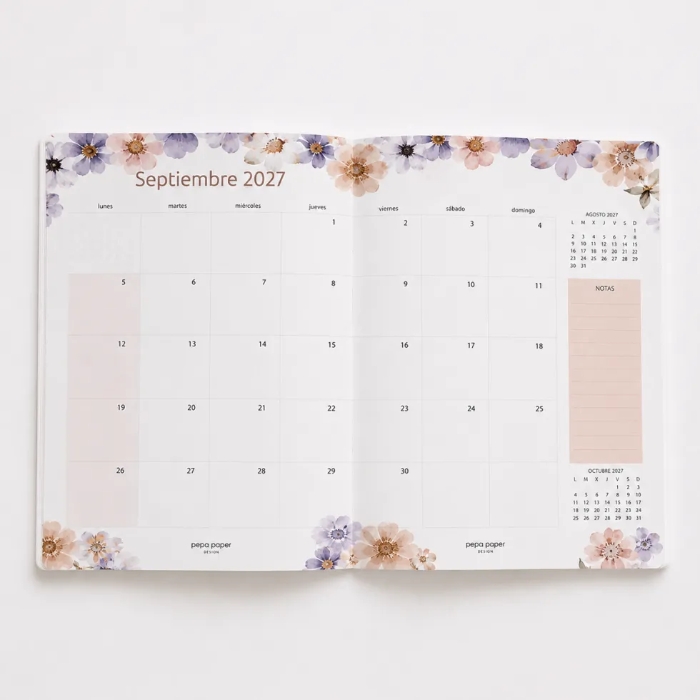 Agenda Mensual 2026-27 Castellano - 16 meses - Pressed Flowers Light