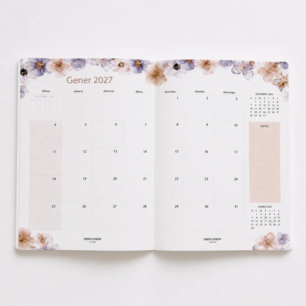 Agenda Mensual 2026-27 Català - 16 mesos - Pressed Flowers Dark
