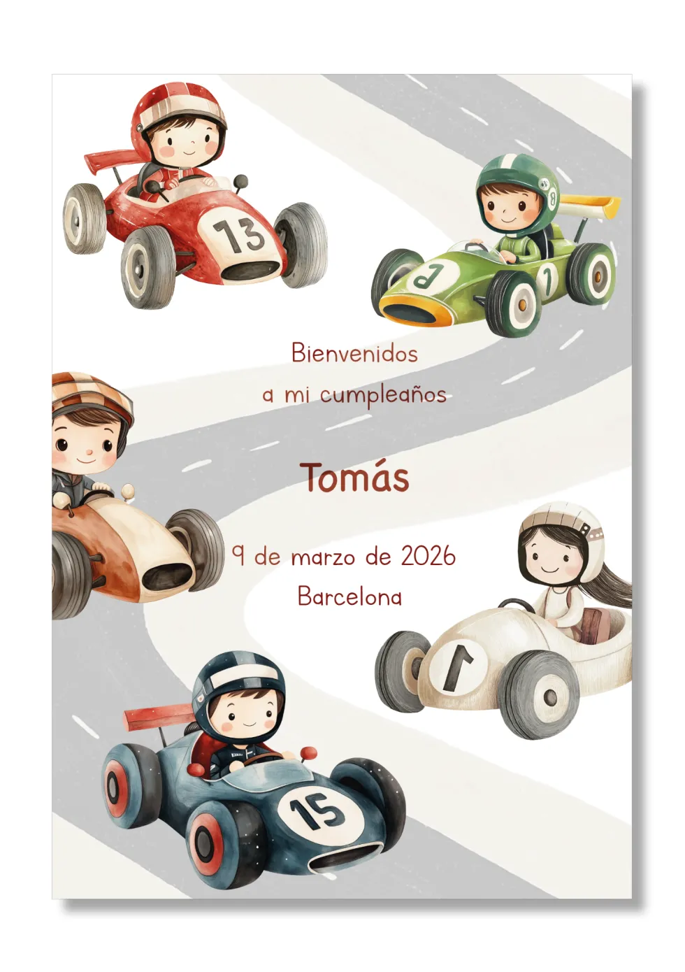 Lámina Bienvenida Cumpleaños personalizable con motivos de automoviles. Tamaño A5.