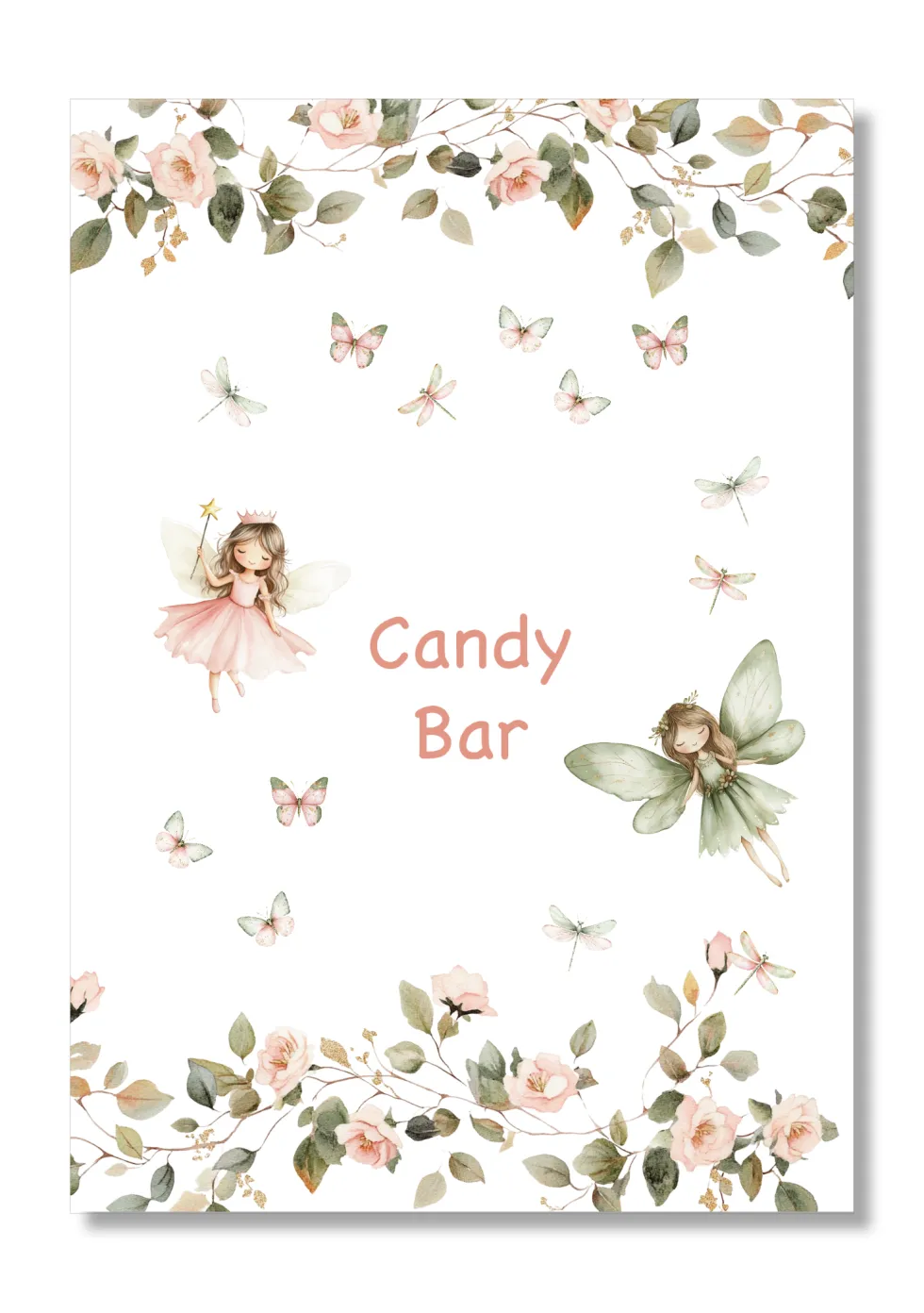 Lámina Cndy Bar personalizable con motivos de hadas. Tamaño A5.