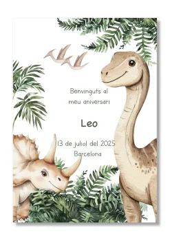 Lámina personalizable Bienvenida Cumpleaños con motivos de dinosaurios. Tamaño A5.