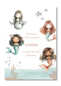 Lámina personalizable Bienvenida Cumpleaños con motivos de sirenas. Tamaño A5.