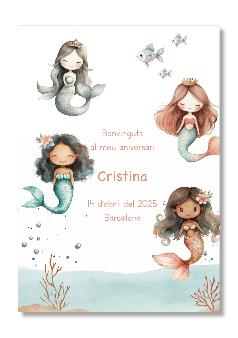 Lámina personalizable Bienvenida Cumpleaños con motivos de sirenas. Tamaño A5.
