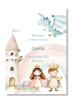 Lámina personalizable Bienvenida Cumpleaños con motivos de princesas y príncipes.. Tamaño A5.