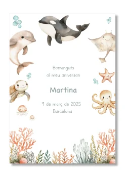 Lámina personalizable Bienvenida Cumpleaños con motivos Oceano. Tamaño A5.
