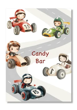 Lámina personalizable Candy Bar con motivos de automoviles. Tamaño A5.