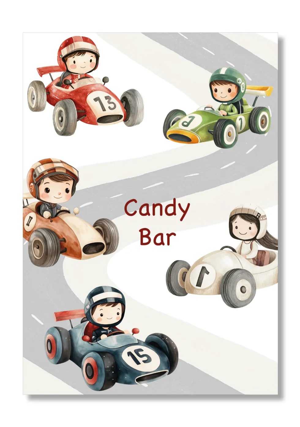 Lámina personalizable Candy Bar con motivos de automoviles. Tamaño A5.