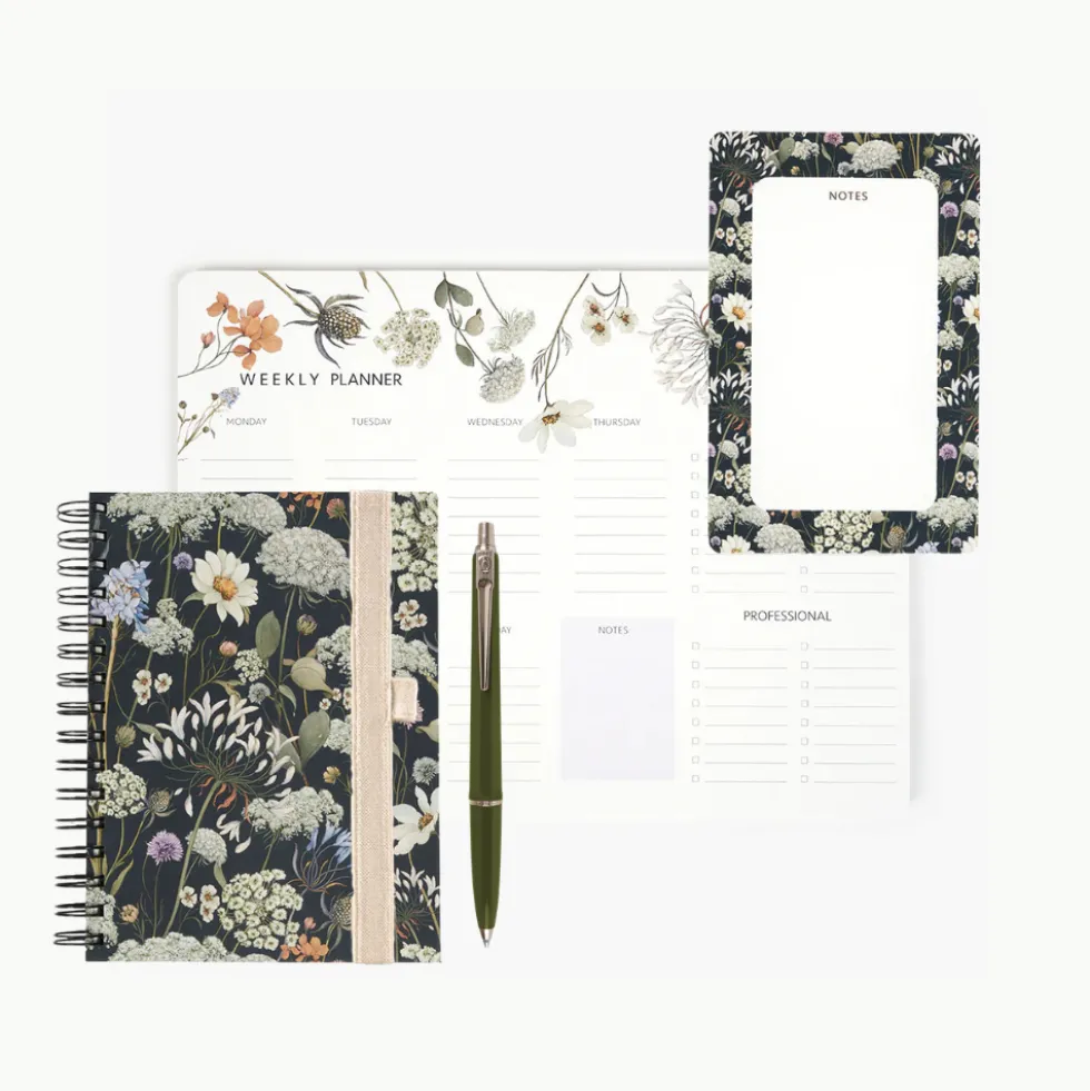 Pack Organización I Libreta + Planificador Semanal + Bloc Notas + Bolígrafo + Portabolígrafos (Wild Flowers)