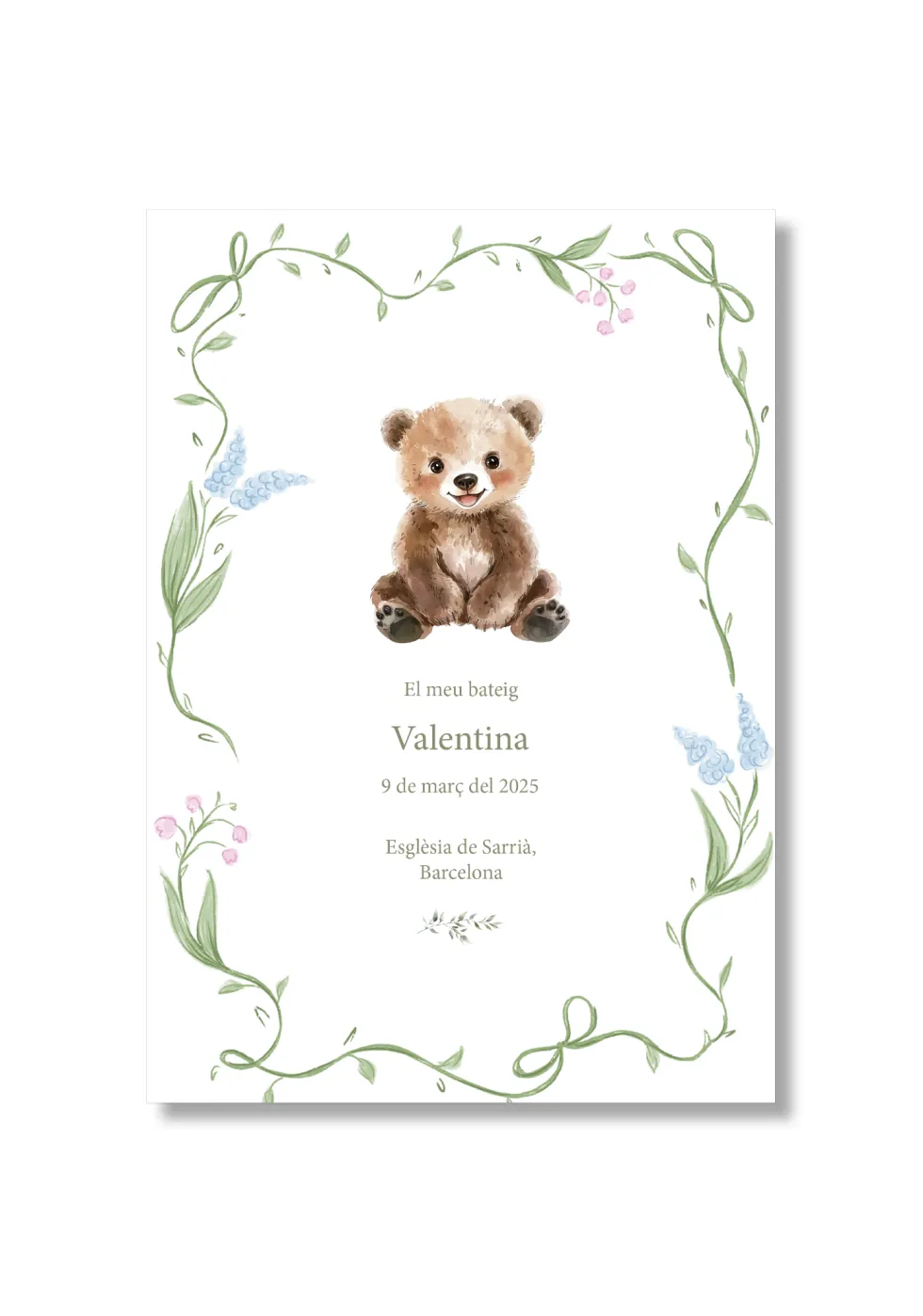 Recordatorio bautizo personalizable Flores Animales. Tamaño 80 x 120 mm.