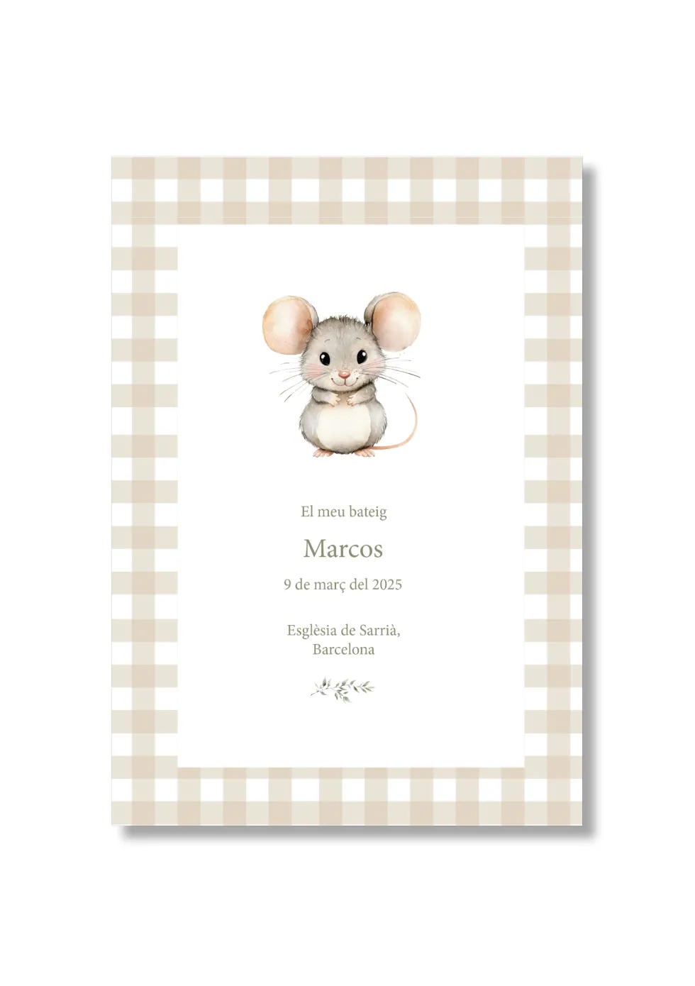 Recordatorio bautizo personalizable Vichy Animales. Tamaño 80 x 120 mm.