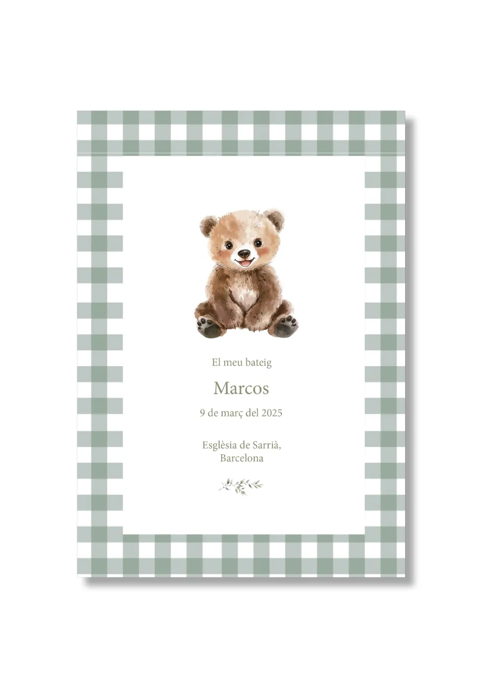 Recordatorio bautizo personalizable Vichy Animales. Tamaño 80 x 120 mm.