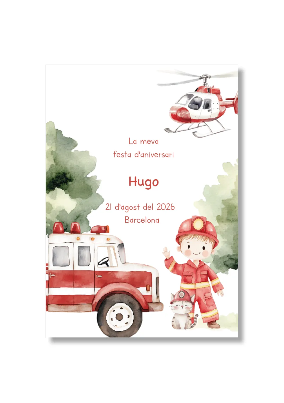 Recordatorio personalizable con de bomberos. Tamaño 80x120mm.