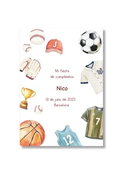 Recordatorio personalizable con motivos de deportes. Tamaño 80x120mm.
