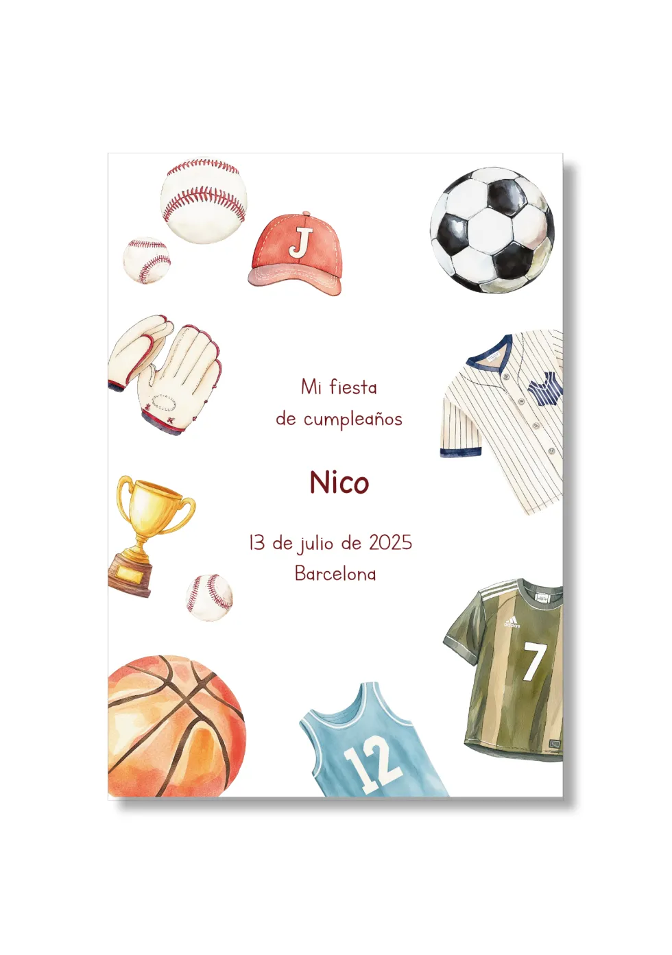 Recordatorio personalizable con motivos de deportes. Tamaño 80x120mm.