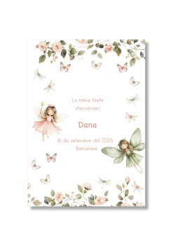 Recordatorio personalizable con motivos de hadas. Tamaño 80x120mm.