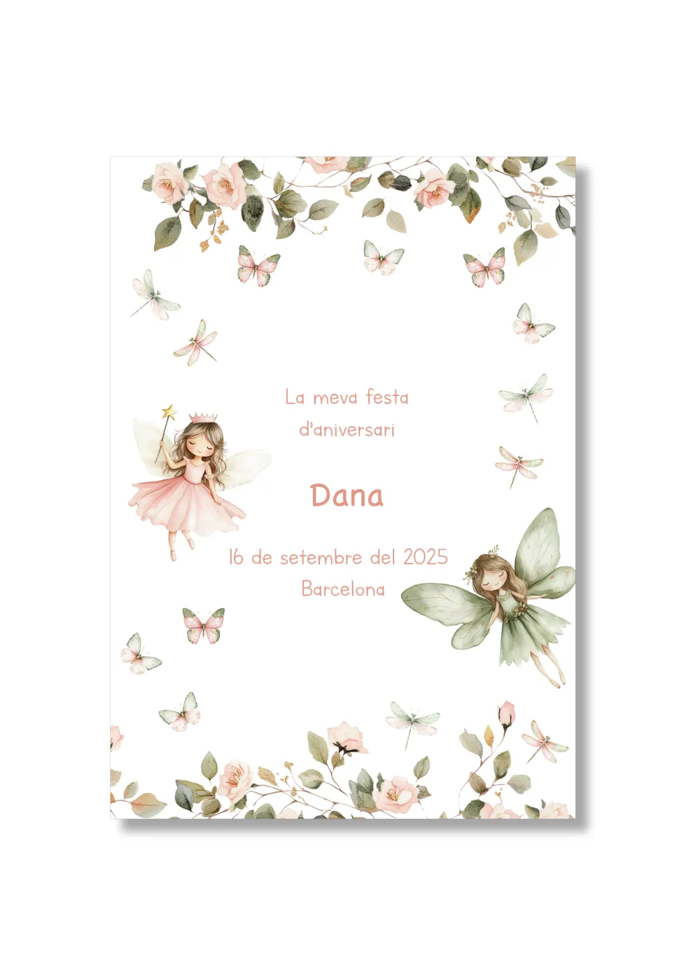 Recordatorio personalizable con motivos de hadas. Tamaño 80x120mm.